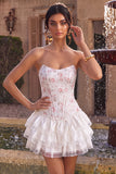 Pink Floral Strapless Corset A Line Homecoming Dress