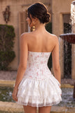 Pink Floral Strapless Corset A Line Homecoming Dress