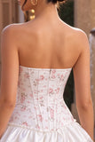 Pink Floral Strapless Corset A Line Homecoming Dress