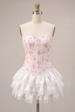 Pink Floral Strapless Corset A Line Homecoming Dress