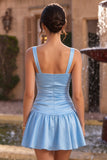 Square Neck A Line Ruched Sky Blue Homecoming Dress