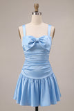 Square Neck A Line Ruched Sky Blue Homecoming Dress