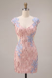 Sequins V-Neck Bodycon Pink Homecoming Dress With Appliques