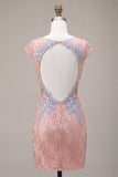 Sequins V-Neck Bodycon Pink Homecoming Dress With Appliques
