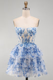 Strapless Corset A Line Blue Floral Homecoming Dress