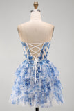 Strapless Corset A Line Blue Floral Homecoming Dress