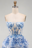 Strapless Corset A Line Blue Floral Homecoming Dress