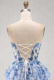 Strapless Corset A Line Blue Floral Homecoming Dress