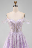 Corset Off The Shoulder A Line Purple Sequins Homecoming Dress