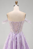 Corset Off The Shoulder A Line Purple Sequins Homecoming Dress