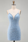 Bodycon V-Neck Blue Homecoming Dress With Pearls