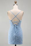 Bodycon V-Neck Blue Homecoming Dress With Pearls