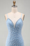 Bodycon V-Neck Blue Homecoming Dress With Pearls