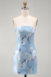 Strapless Beaded Sequins Bodycon Blue Homecoming Dress