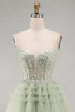Green Strapless Corset A Line Sparkly Homecoming Dress