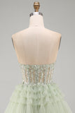 Green Strapless Corset A Line Sparkly Homecoming Dress