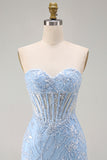 Strapless Corset Bodycon Blue Sparkly Homecoming Dress