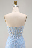 Strapless Corset Bodycon Blue Sparkly Homecoming Dress