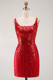 Square Neck Bodycon Red Sequins Homecoming Dress