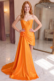 Strapless Corset Orange Bodycon Homecoming Dress With Side Streamer