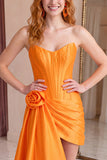 Strapless Corset Orange Bodycon Homecoming Dress With Side Streamer