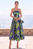 Strapless Pink Floral A Line Midi Wedding Guest Dress