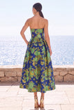 Strapless Pink Floral A Line Midi Wedding Guest Dress