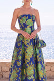 Strapless Pink Floral A Line Midi Wedding Guest Dress