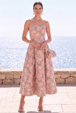 Strapless Pink Floral A Line Midi Wedding Guest Dress