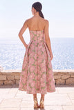 Strapless Pink Floral A Line Midi Wedding Guest Dress
