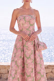 Strapless Pink Floral A Line Midi Wedding Guest Dress
