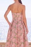 Strapless Pink Floral A Line Midi Wedding Guest Dress