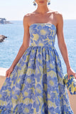 Strapless Brocade Dark Green A Line Midi Wedding Guest Dress