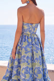 Strapless Brocade Dark Green A Line Midi Wedding Guest Dress
