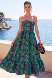Strapless Brocade Dark Green A Line Midi Wedding Guest Dress