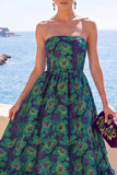 Strapless Brocade Dark Green A Line Midi Wedding Guest Dress