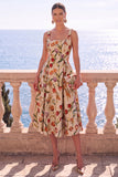Square Neck Yellow A Line Brocade Midi Wedding Guest Dress