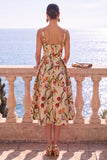 Square Neck Yellow A Line Brocade Midi Wedding Guest Dress