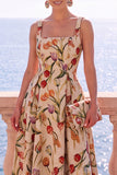 Square Neck Yellow A Line Brocade Midi Wedding Guest Dress