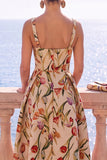 Square Neck Yellow A Line Brocade Midi Wedding Guest Dress