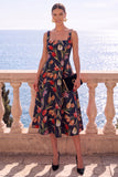 Square Neck Yellow A Line Brocade Midi Wedding Guest Dress