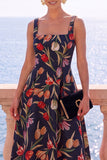 Square Neck Yellow A Line Brocade Midi Wedding Guest Dress