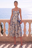 Square Neck Yellow A Line Brocade Midi Wedding Guest Dress