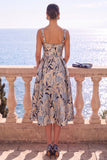 Square Neck Yellow A Line Brocade Midi Wedding Guest Dress