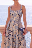 Square Neck Yellow A Line Brocade Midi Wedding Guest Dress