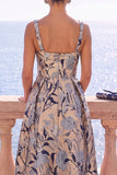 Square Neck Yellow A Line Brocade Midi Wedding Guest Dress