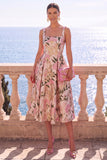Square Neck Yellow A Line Brocade Midi Wedding Guest Dress