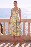 Square Neck Yellow A Line Brocade Midi Wedding Guest Dress