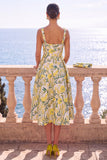 Square Neck Yellow A Line Brocade Midi Wedding Guest Dress