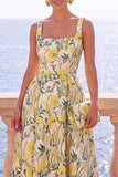Square Neck Yellow A Line Brocade Midi Wedding Guest Dress
